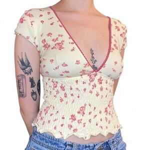 Urban Outfitters Pink Floral V-Neck Blouse
